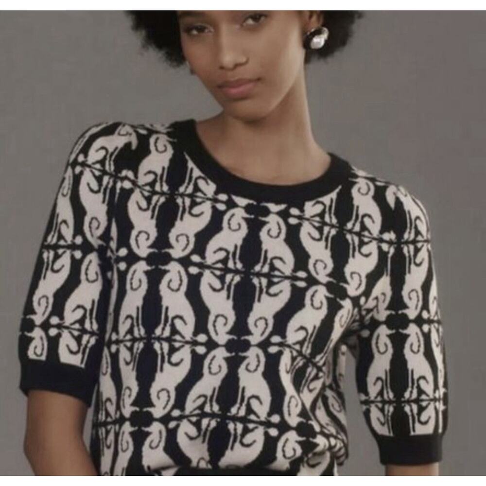 Anthropologie Maeve Poodle Dogs Puff Sleeve Harmon Jacquard Sweater Tee Size S